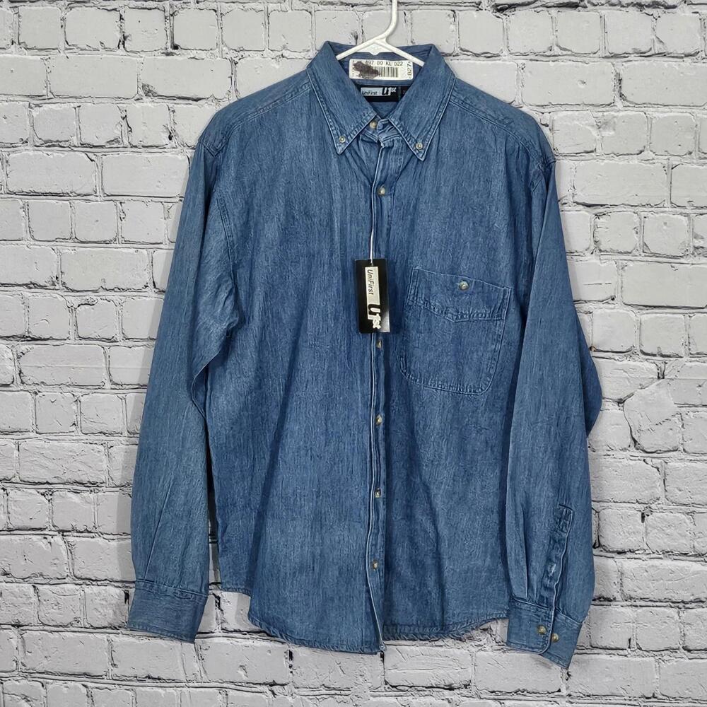 2/$20 Unifirst Blue Denim Button Front Long Sleeve Shirt Size S | Workwear
